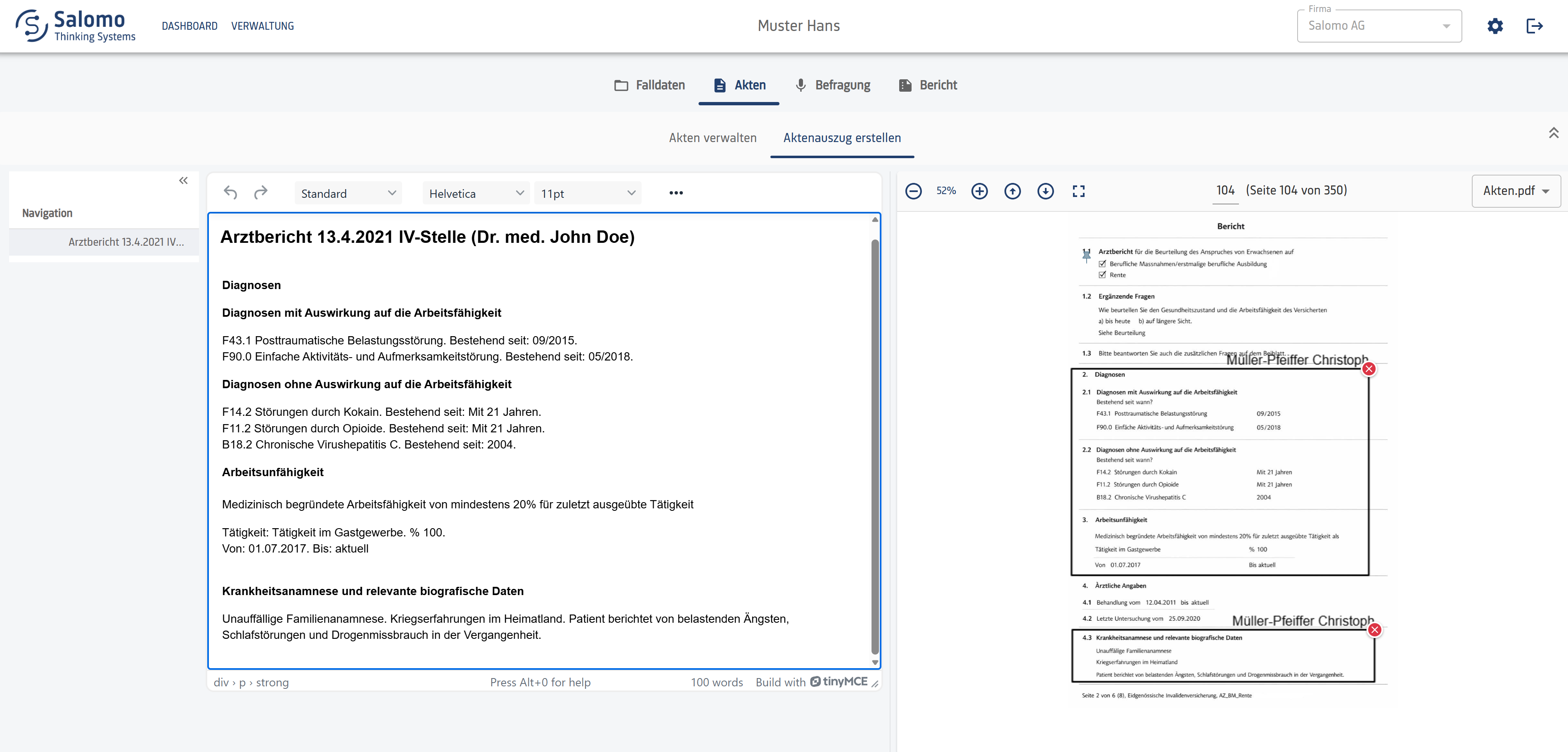 Screenshot: Aktenauszug erstellen in Salomo