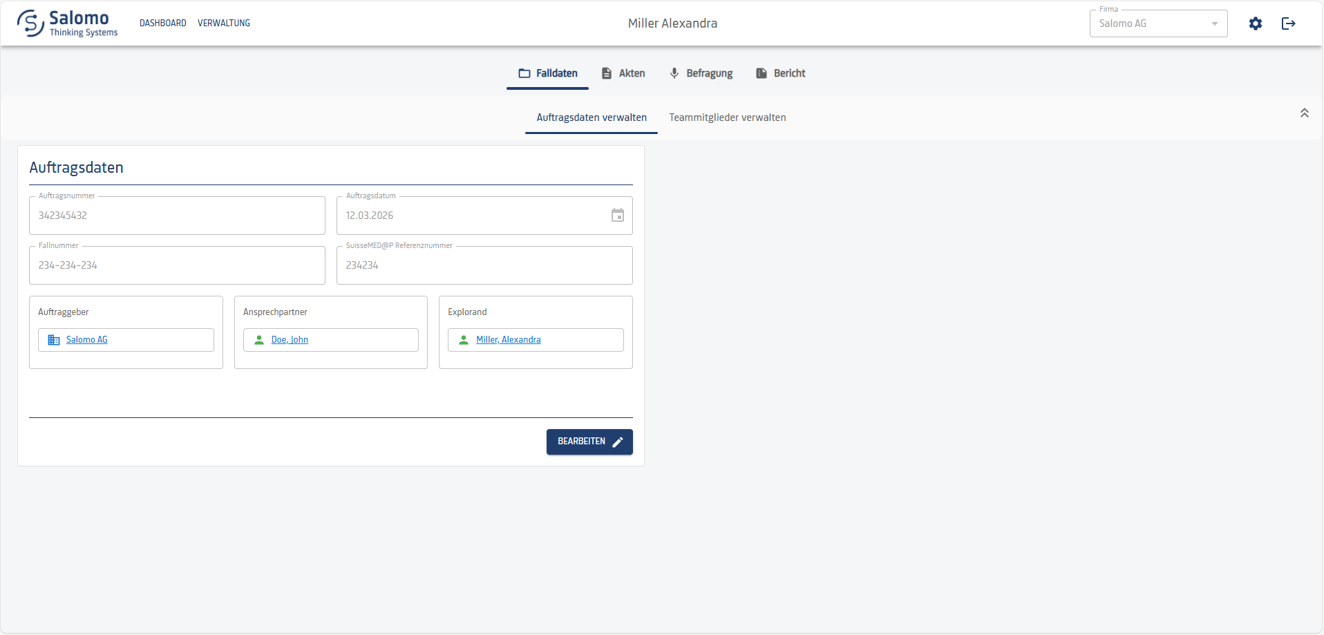 Screenshot: Auftragsdaten verwalten in Salomo